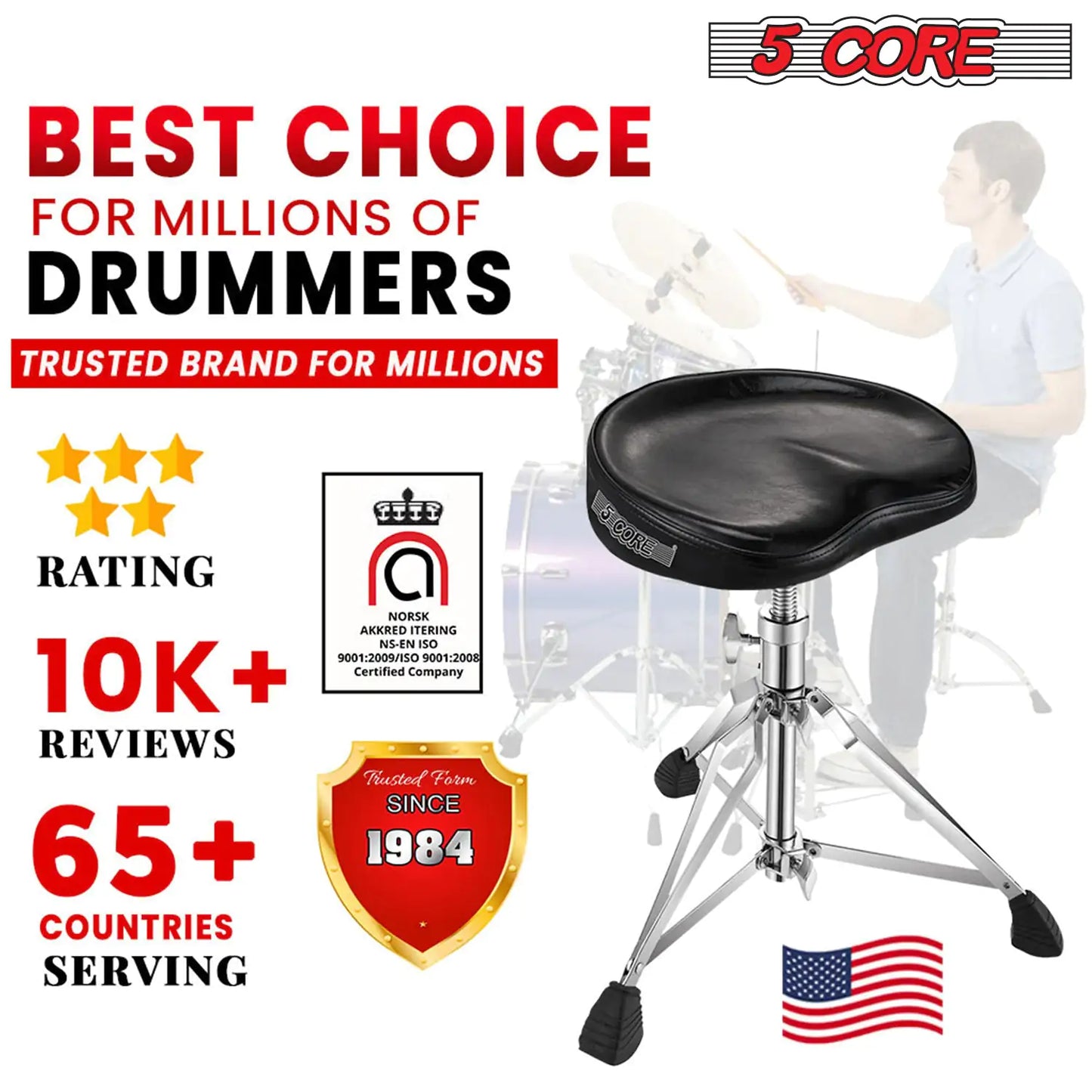 5Core Drum Throne Padded Guitar Stool Saddle Drummer Seat for Adults & Kids