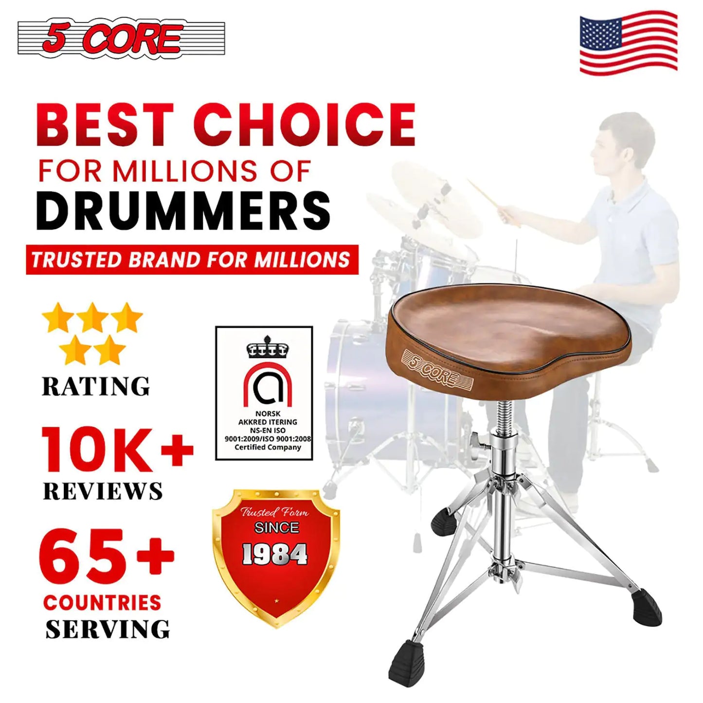 5Core Drum Throne Padded Guitar Stool Saddle Drummer Seat for Adults & Kids