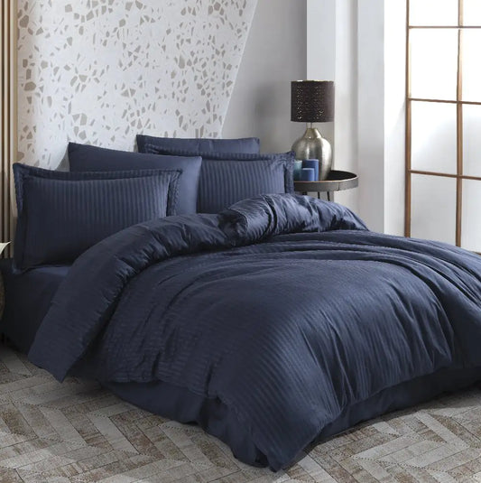 Hobby striped navy blue - double jacquard satin bed linen set